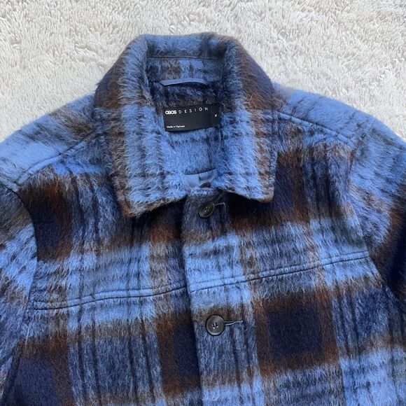 ASOS Men’s Oversized Wool Look Harrington Jacket Blue Brown Plaid Fuzzy XL - Picture 5 of 10